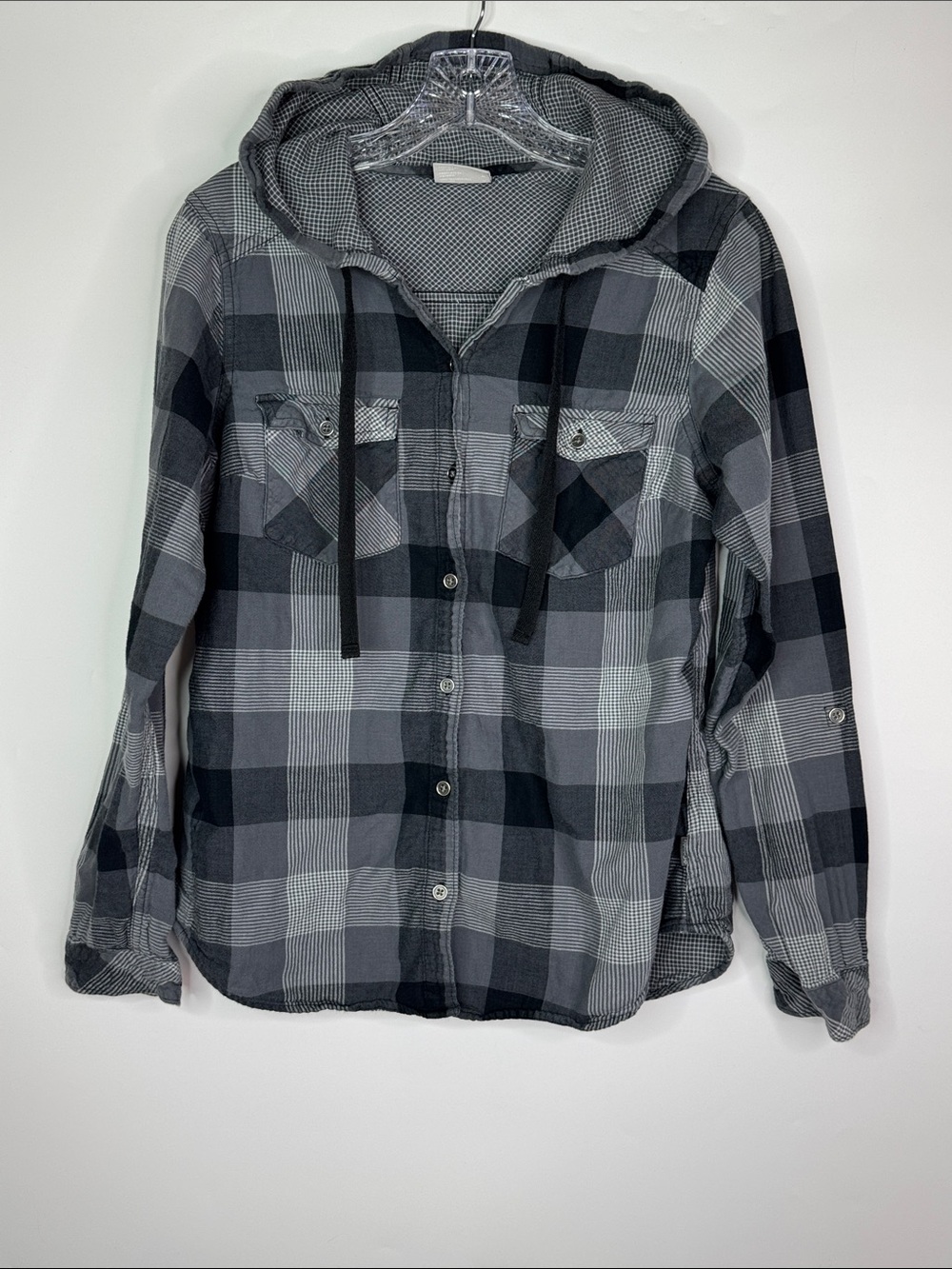 Columbia Women Gray Black Plaid Hooded Flannel Shirt Outdoor AL1502 Medium